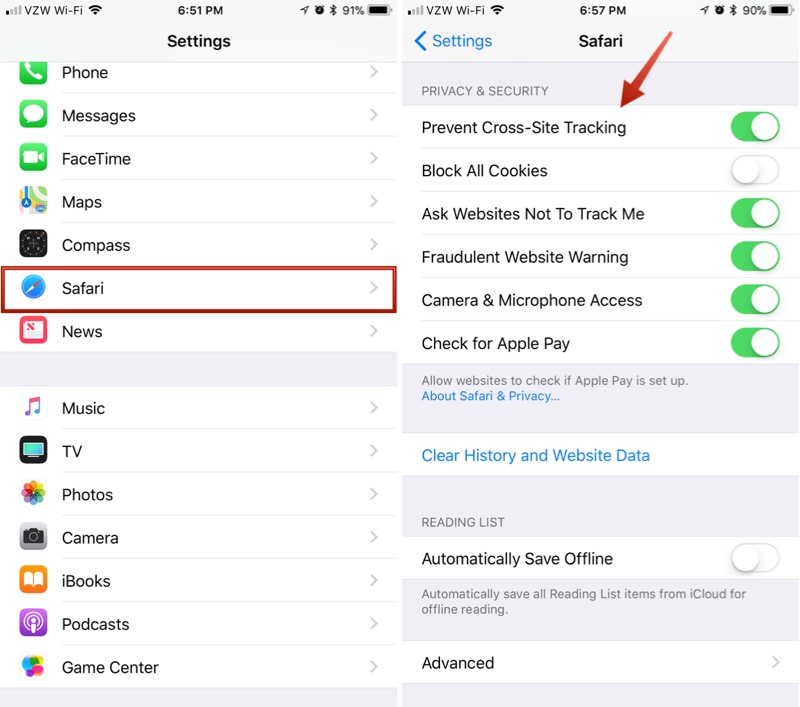 Image result for enable Prevent Cross-Site Tracking on apple"