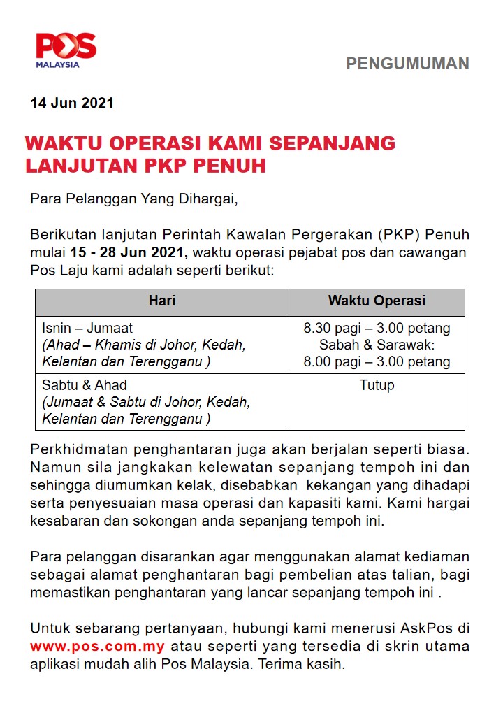 Post Office To Shorten Operating Hours During Extended Fmco Your Parcel May Take Longer To Arrive Johor Now